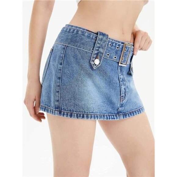 Y2K Belted Light‎ Wash Denim Mini Skirt Low Waist Extra Short Bodycon Skirt - Picture 3 of 6